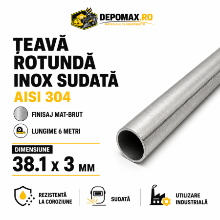 Teava rotunda inox sudata AISI 304, 38.1 x 3 mm, 6 metri